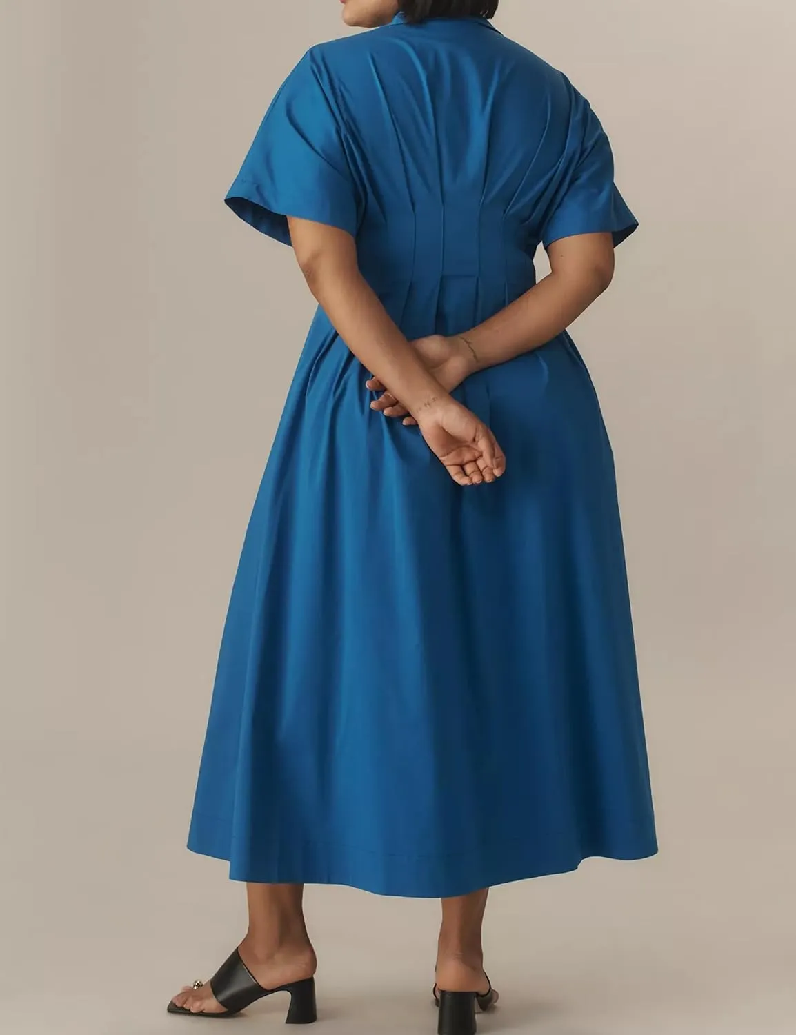 Women Casual Striped Button Down Pleated Shirt Maxi Dress Summer Lapel V Neck Short Sleeve Empire Waist Long Dress