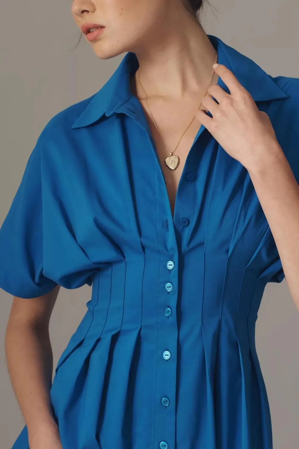 Women Casual Striped Button Down Pleated Shirt Maxi Dress Summer Lapel V Neck Short Sleeve Empire Waist Long Dress