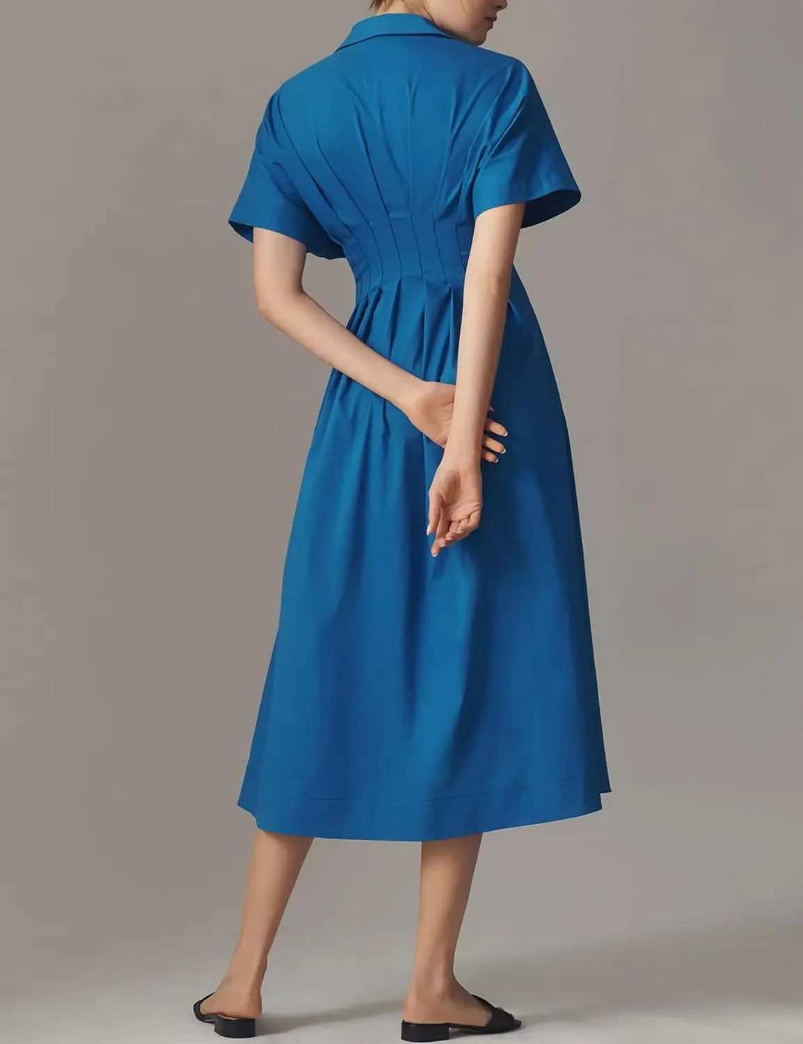 Women Casual Striped Button Down Pleated Shirt Maxi Dress Summer Lapel V Neck Short Sleeve Empire Waist Long Dress