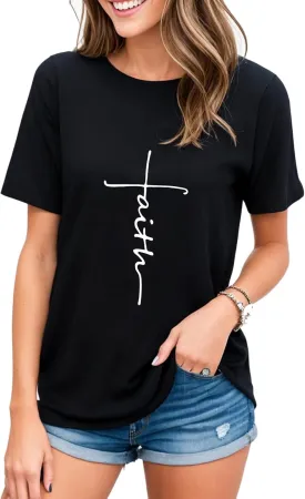 Women Cross Faith T Shirts for Women V-Neck Graphic Tees Letter Printed T-Shirt Christian Tee Shirt