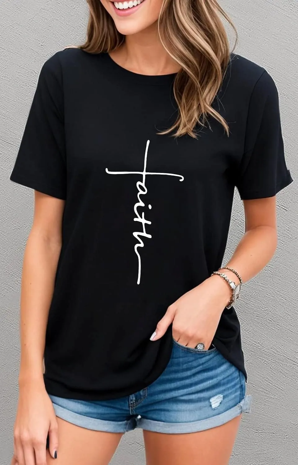 Women Cross Faith T Shirts for Women V-Neck Graphic Tees Letter Printed T-Shirt Christian Tee Shirt