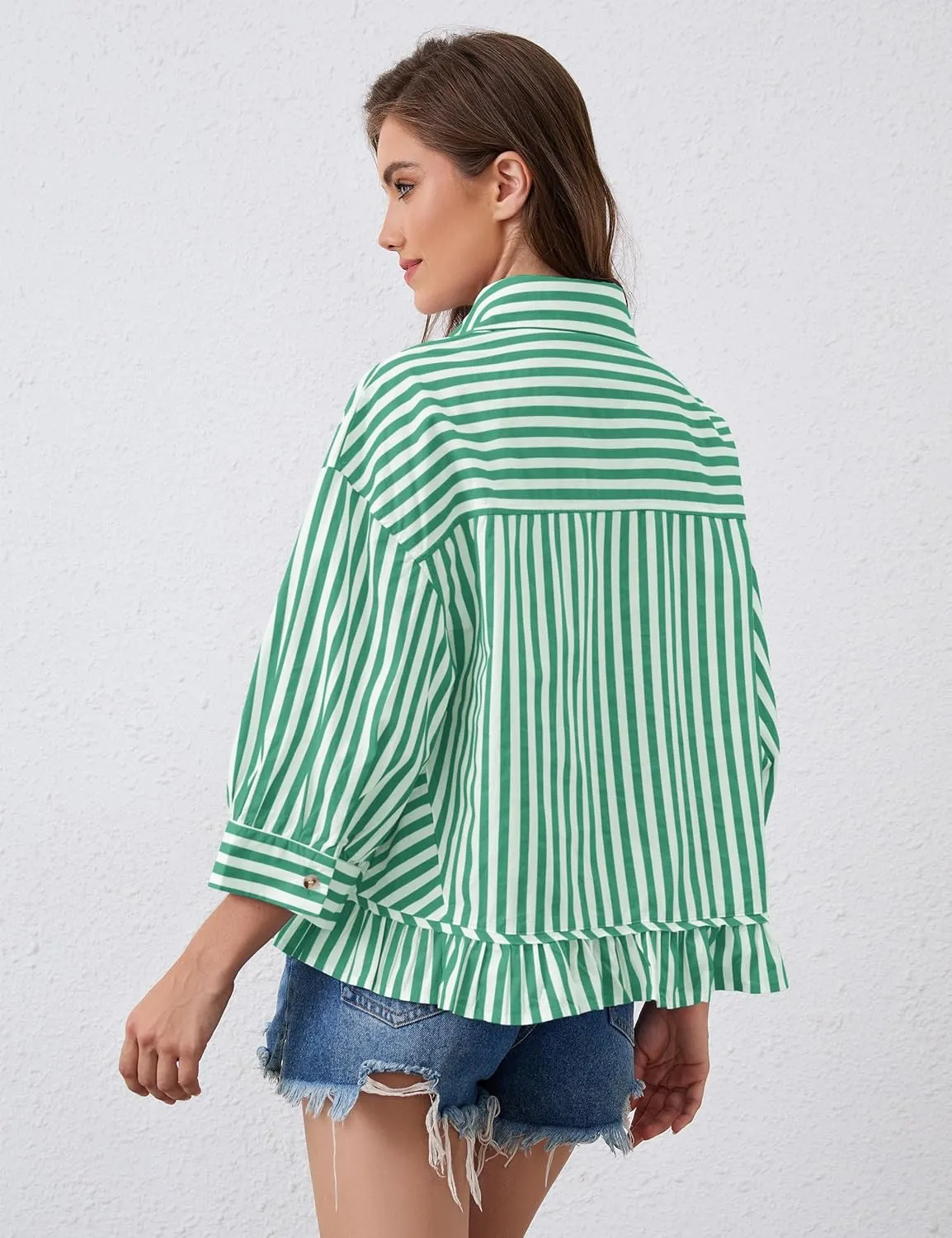 Women Peplum Button Down Shirts 3/4 Length Sleeve Business Casual Tops Crop Striped Oversized Shirts Blouses Tops
