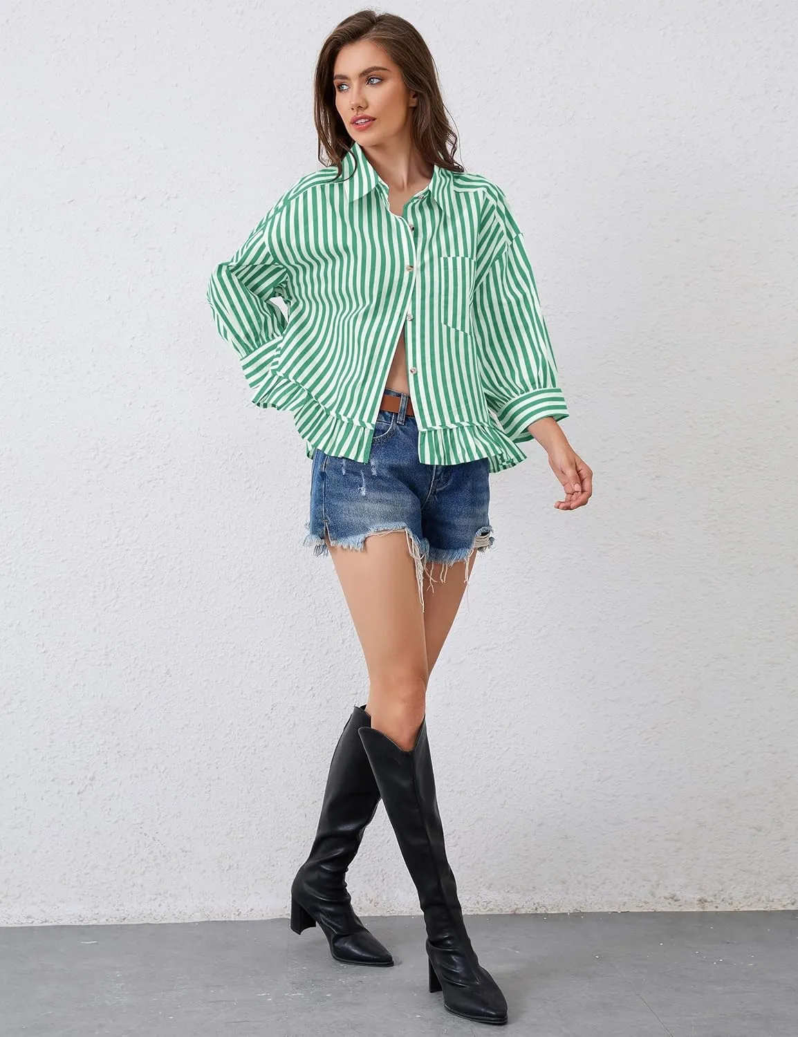 Women Peplum Button Down Shirts 3/4 Length Sleeve Business Casual Tops Crop Striped Oversized Shirts Blouses Tops