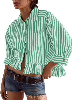 Women Peplum Button Down Shirts 3/4 Length Sleeve Business Casual Tops Crop Striped Oversized Shirts Blouses Tops