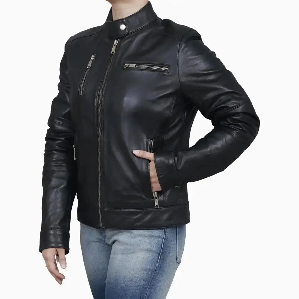 Women's Black Classic Leather Biker Jacket - Stylish & Bold