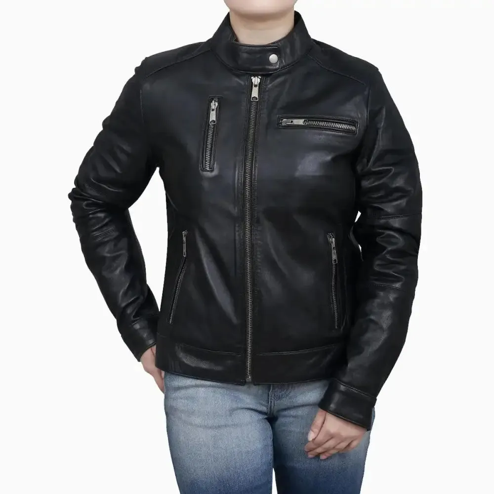 Women's Black Classic Leather Biker Jacket - Stylish & Bold