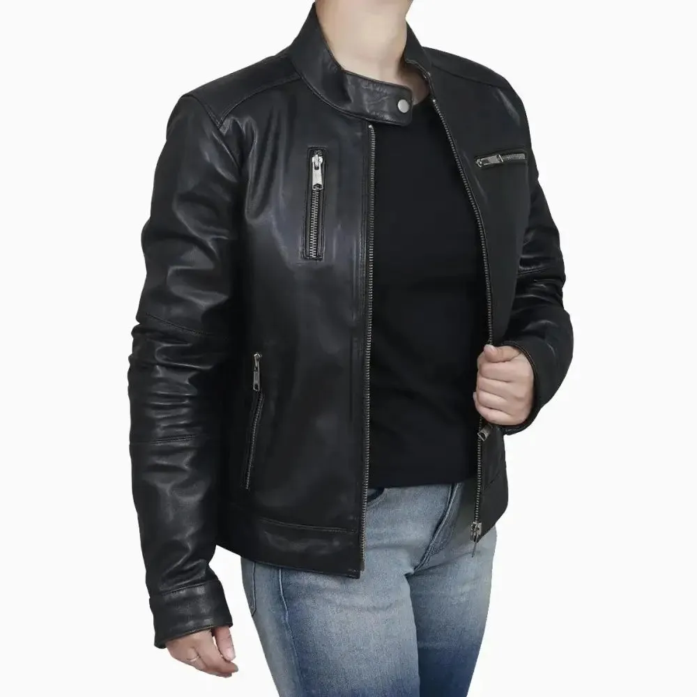 Women's Black Classic Leather Biker Jacket - Stylish & Bold