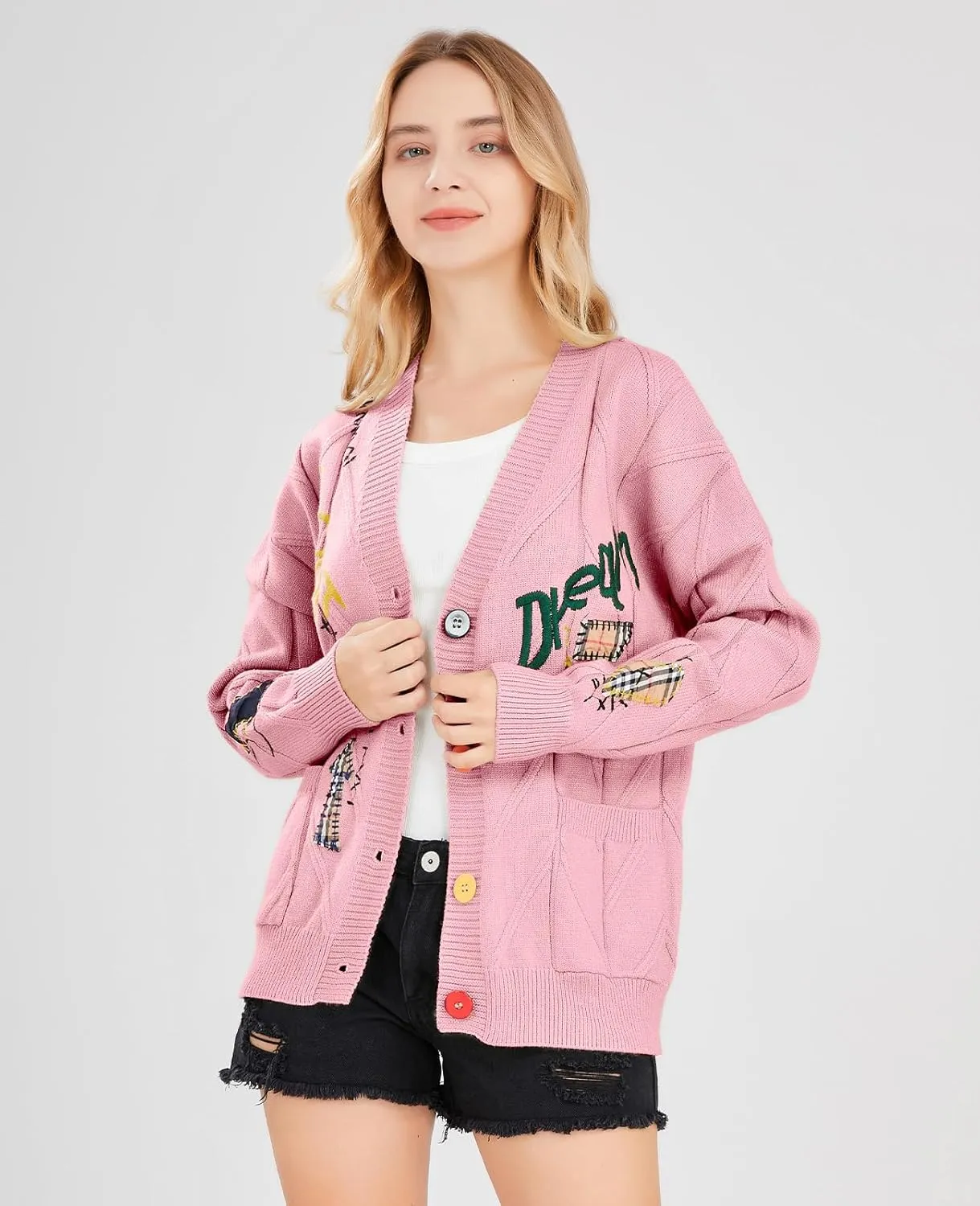 Women's Cable Knit Long Sleeve Open Front Cardigan Sheep V-Neck Button Down Embroidery Wool Blend Sweater Coat Outwear