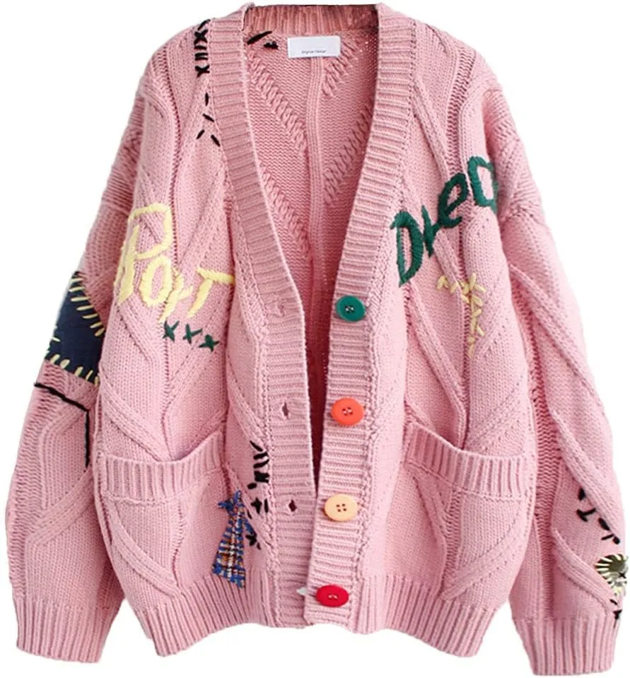 Women's Cable Knit Long Sleeve Open Front Cardigan Sheep V-Neck Button Down Embroidery Wool Blend Sweater Coat Outwear