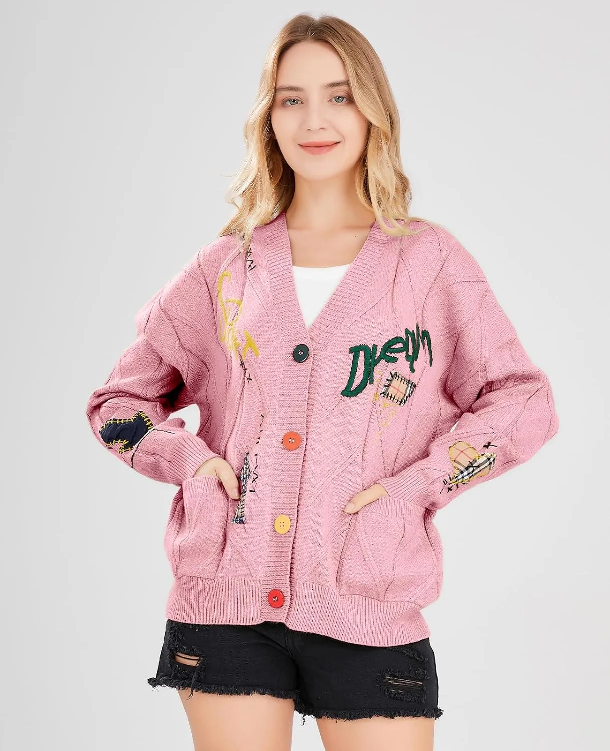 Women's Cable Knit Long Sleeve Open Front Cardigan Sheep V-Neck Button Down Embroidery Wool Blend Sweater Coat Outwear