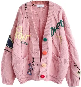 Women's Cable Knit Long Sleeve Open Front Cardigan Sheep V-Neck Button Down Embroidery Wool Blend Sweater Coat Outwear