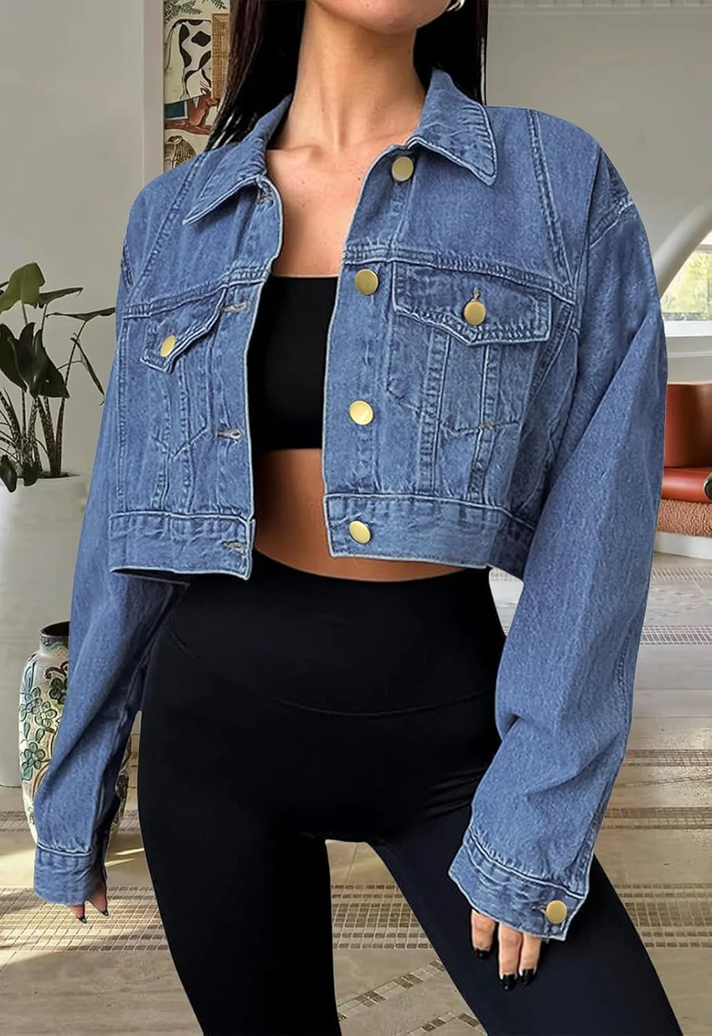 Women's Cropped Denim Jean Jacket Button Down Frayed Washed Long Sleeve Casual Jacket Coats