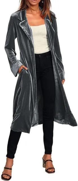 Women's Long Velvet Cardigan Vintage Outerwear Maxi Long Sleeve Blazers Coat