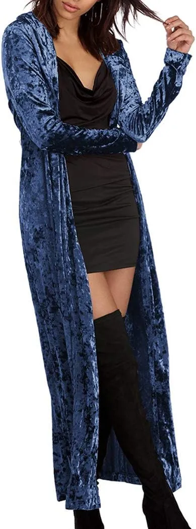Women's Long Velvet Cardigan Vintage Outerwear Maxi Long Sleeve Blazers Coat