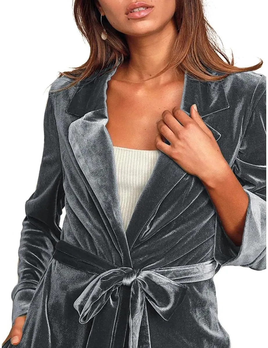 Women's Long Velvet Cardigan Vintage Outerwear Maxi Long Sleeve Blazers Coat