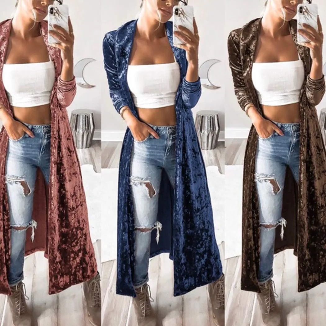 Women's Long Velvet Cardigan Vintage Outerwear Maxi Long Sleeve Blazers Coat