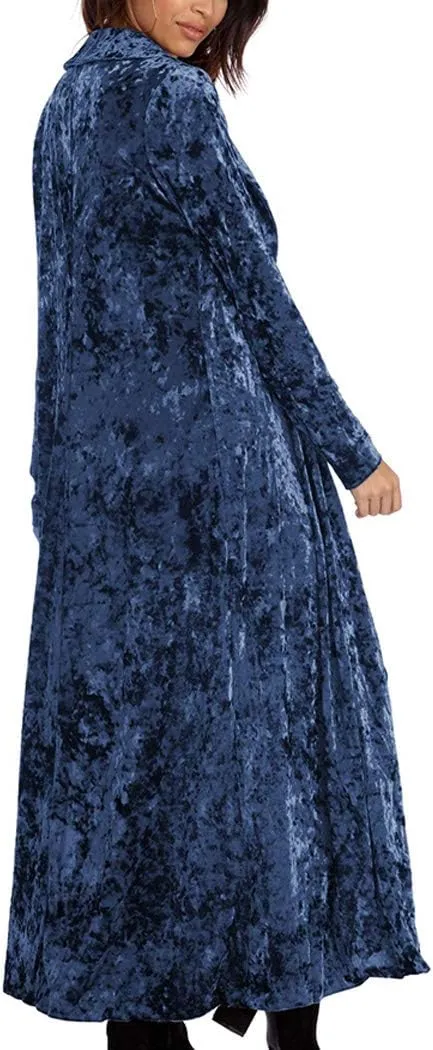 Women's Long Velvet Cardigan Vintage Outerwear Maxi Long Sleeve Blazers Coat