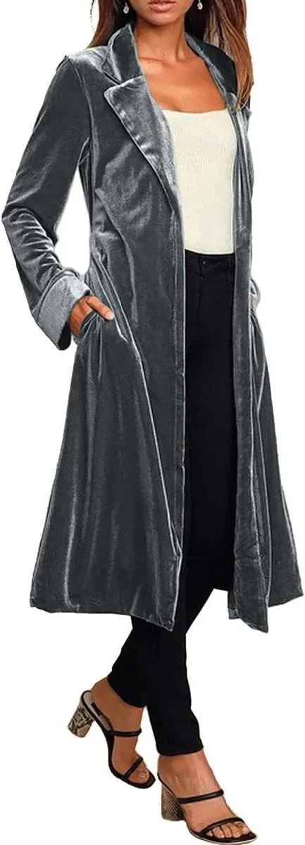 Women's Long Velvet Cardigan Vintage Outerwear Maxi Long Sleeve Blazers Coat