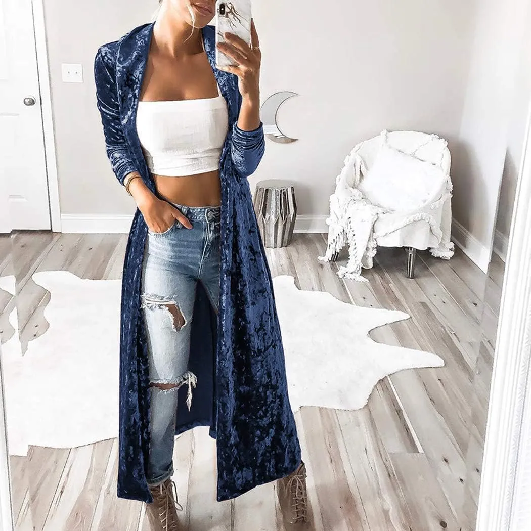 Women's Long Velvet Cardigan Vintage Outerwear Maxi Long Sleeve Blazers Coat