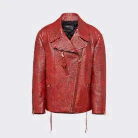 Women's red sheepskin biker leather jacket