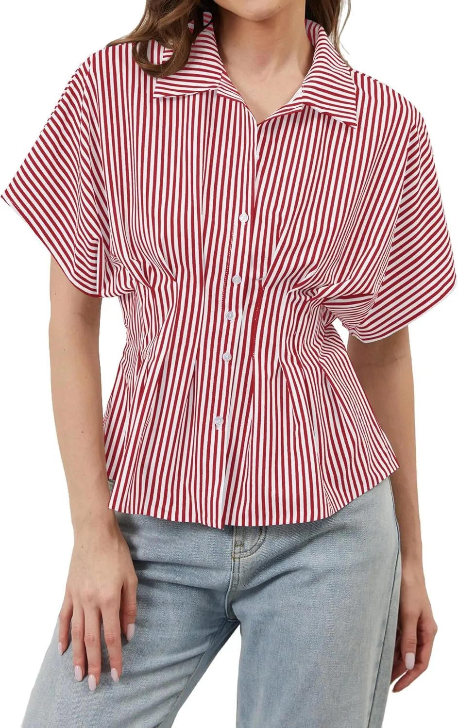 Womens Striped Button Down Shirts Short Sleeve Pleated Peplum Shirts Dressy Casual Lapel Tops Summer Business Blouse