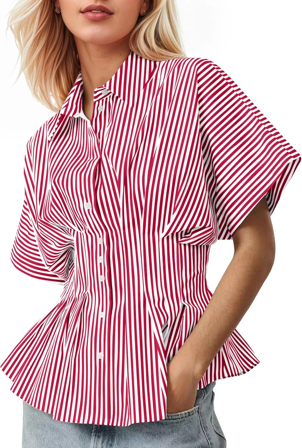 Womens Striped Button Down Shirts Short Sleeve Pleated Peplum Shirts Dressy Casual Lapel Tops Summer Business Blouse