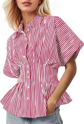 Womens Striped Button Down Shirts Short Sleeve Pleated Peplum Shirts Dressy Casual Lapel Tops Summer Business Blouse