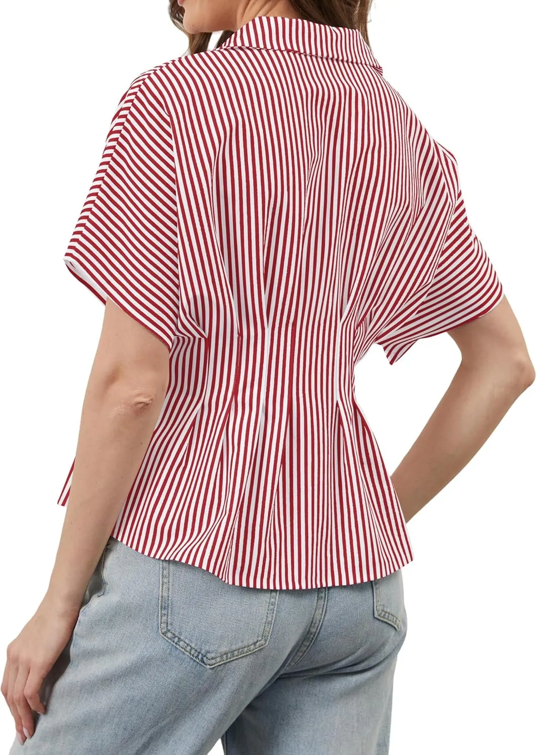Womens Striped Button Down Shirts Short Sleeve Pleated Peplum Shirts Dressy Casual Lapel Tops Summer Business Blouse