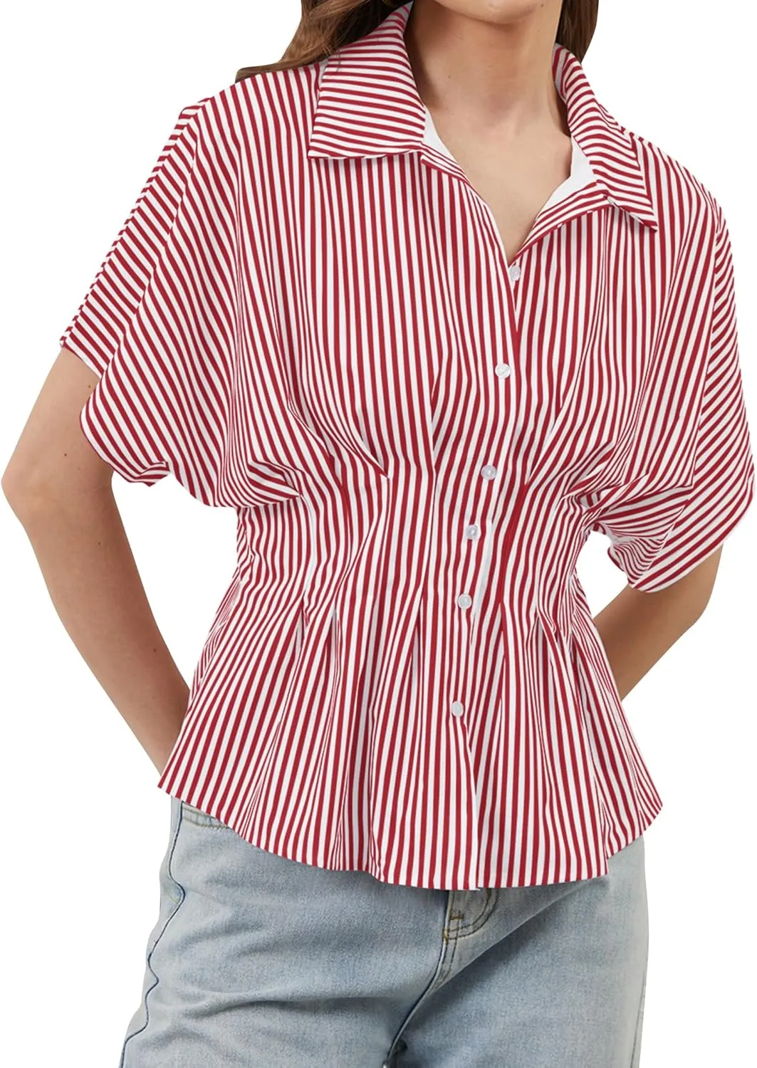 Womens Striped Button Down Shirts Short Sleeve Pleated Peplum Shirts Dressy Casual Lapel Tops Summer Business Blouse