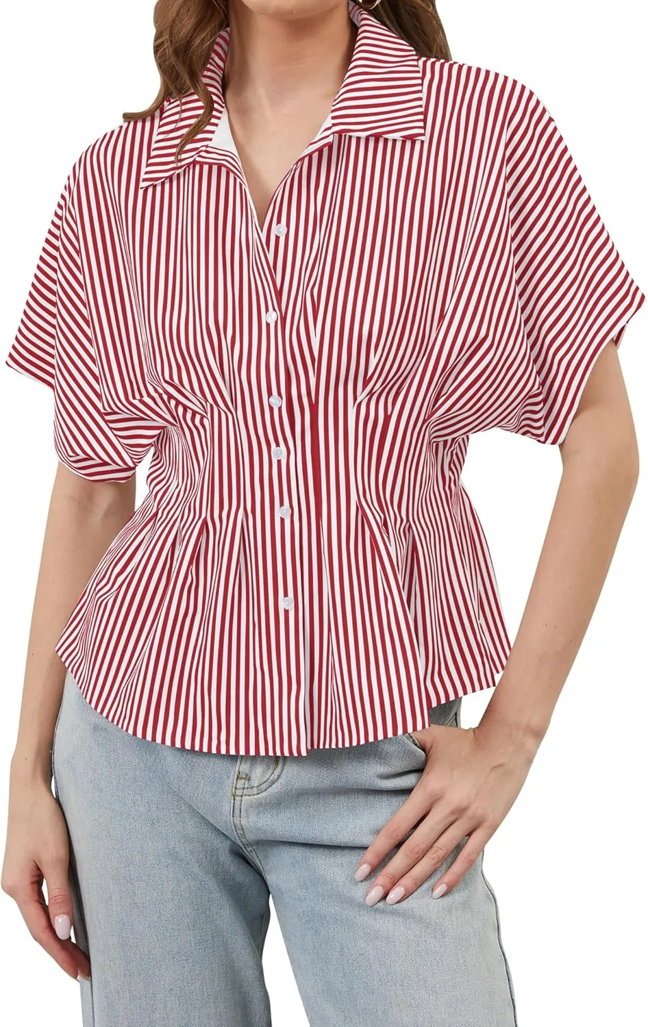 Womens Striped Button Down Shirts Short Sleeve Pleated Peplum Shirts Dressy Casual Lapel Tops Summer Business Blouse
