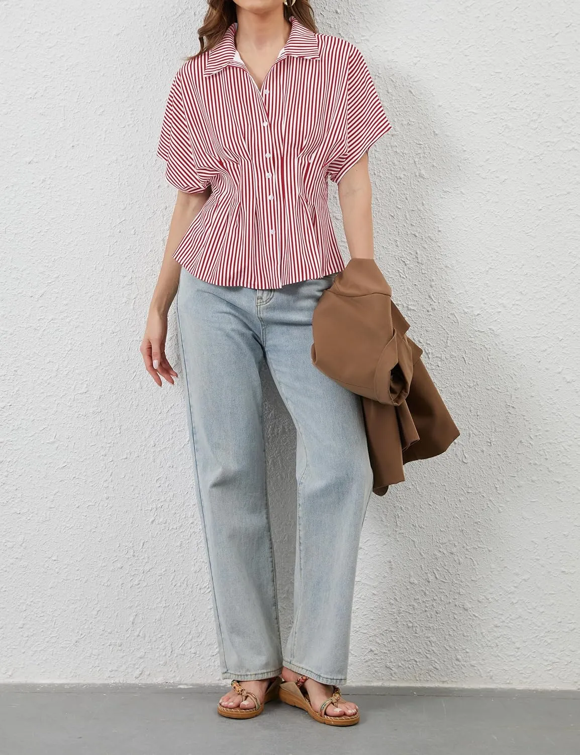 Womens Striped Button Down Shirts Short Sleeve Pleated Peplum Shirts Dressy Casual Lapel Tops Summer Business Blouse