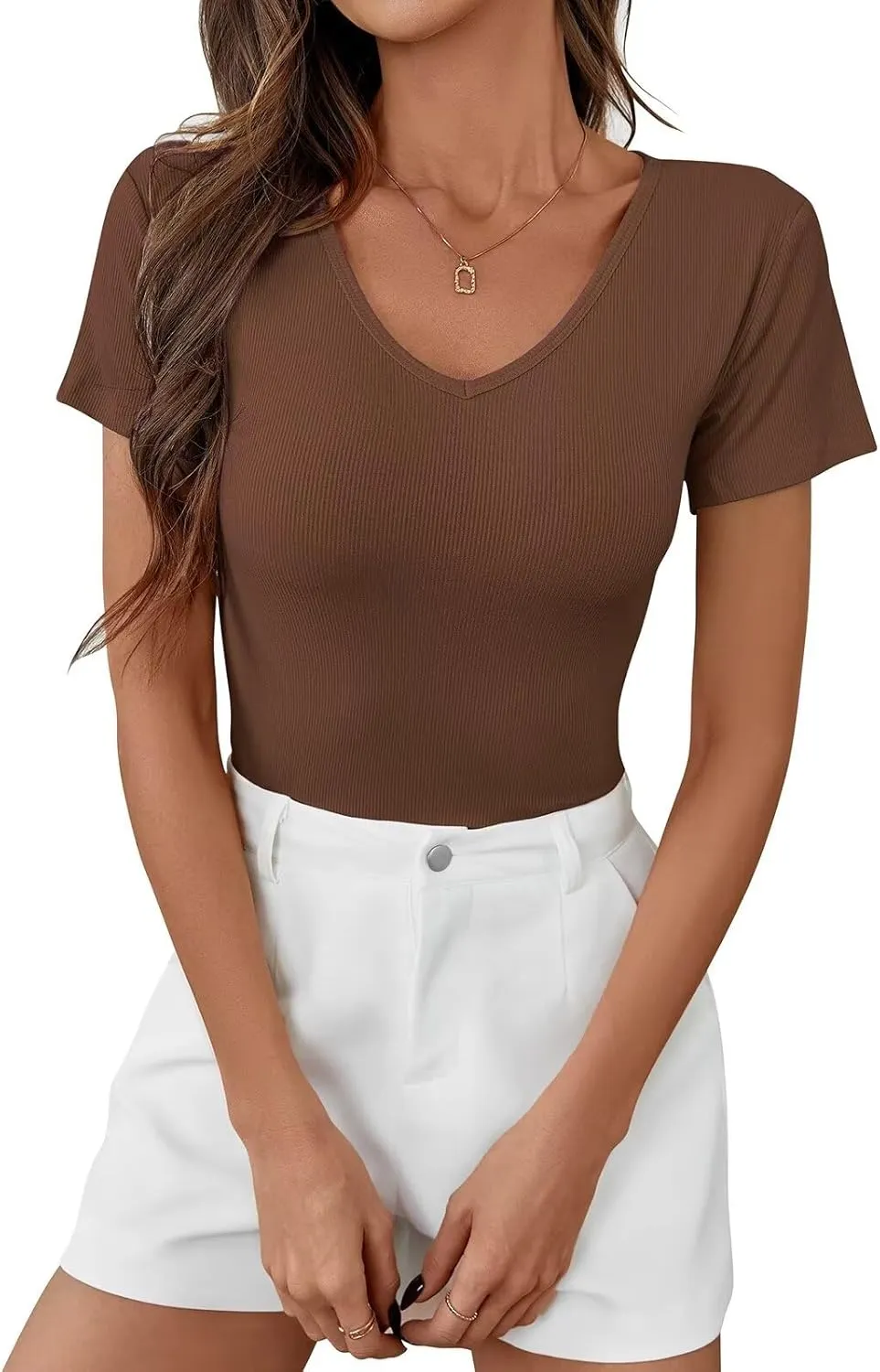 Womens T Shirts Short Sleeve V Neck Tees Basic Tshirts Ribbed Casual Top