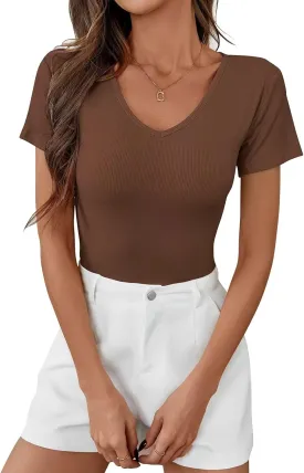 Womens T Shirts Short Sleeve V Neck Tees Basic Tshirts Ribbed Casual Top