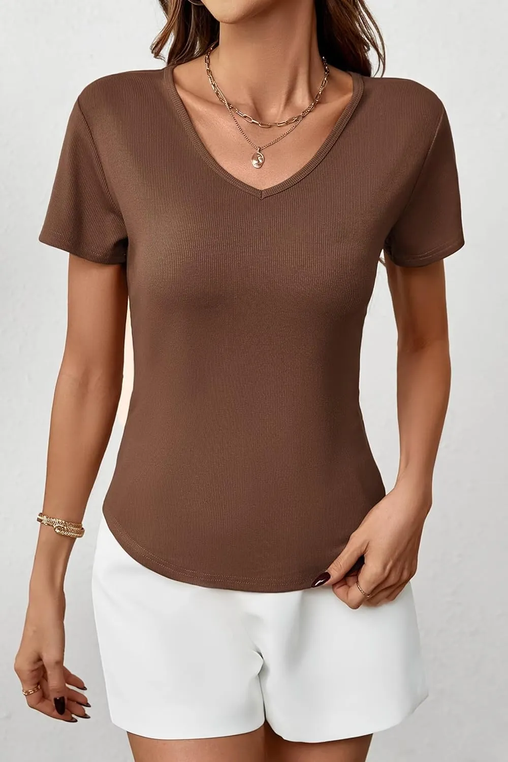 Womens T Shirts Short Sleeve V Neck Tees Basic Tshirts Ribbed Casual Top