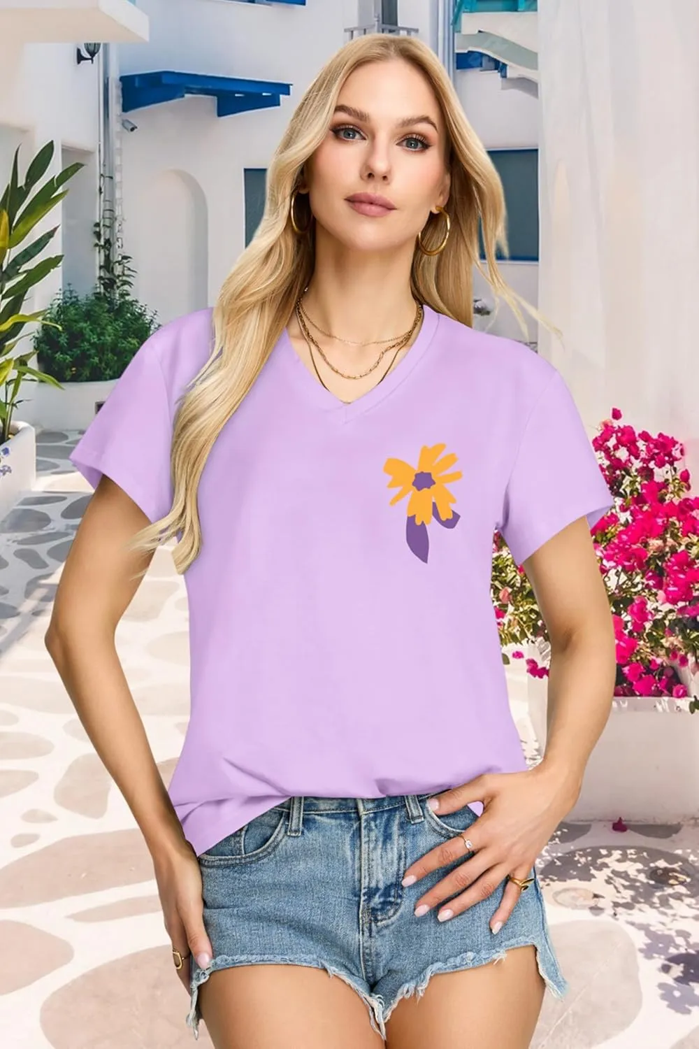 Womens T Shirts V Neck Short Sleeve Summer Tops Casual Basic Tees
