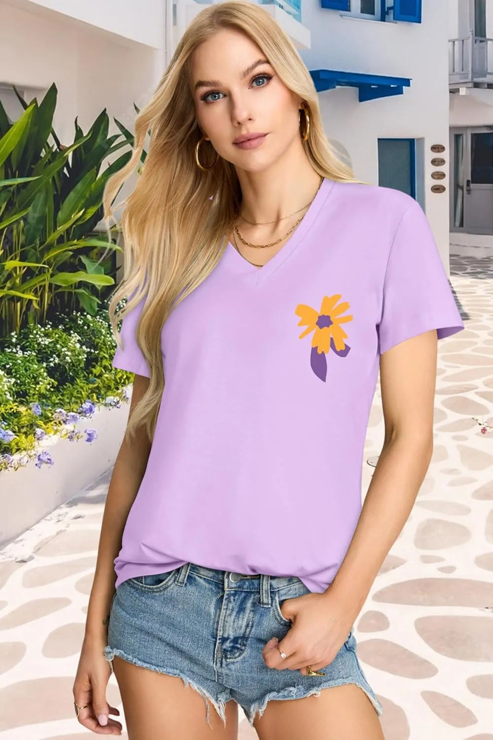 Womens T Shirts V Neck Short Sleeve Summer Tops Casual Basic Tees