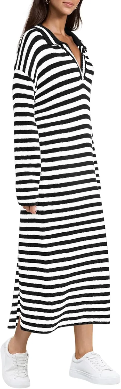 Yousify Sweater Dress for Women Long Sleeve Striped Color Block V Neck Casual Fall Dresses XS-XL