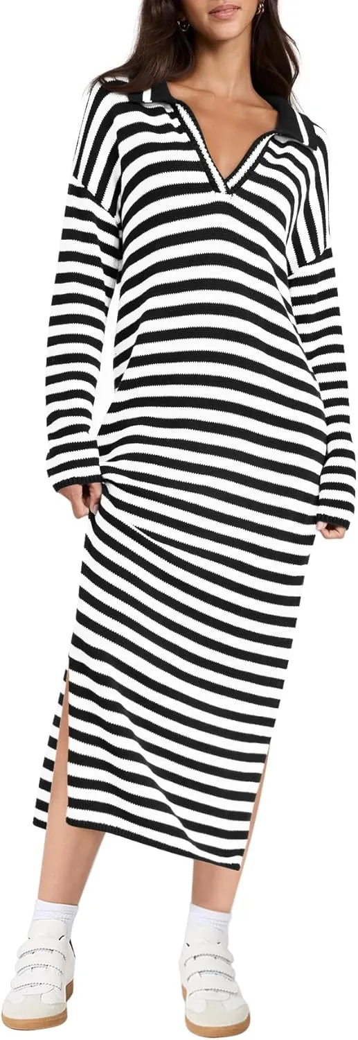Yousify Sweater Dress for Women Long Sleeve Striped Color Block V Neck Casual Fall Dresses XS-XL