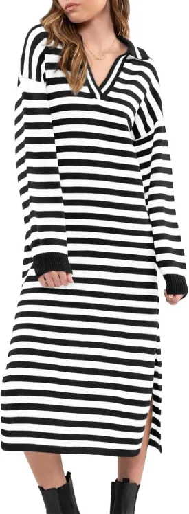 Yousify Sweater Dress for Women Long Sleeve Striped Color Block V Neck Casual Fall Dresses XS-XL