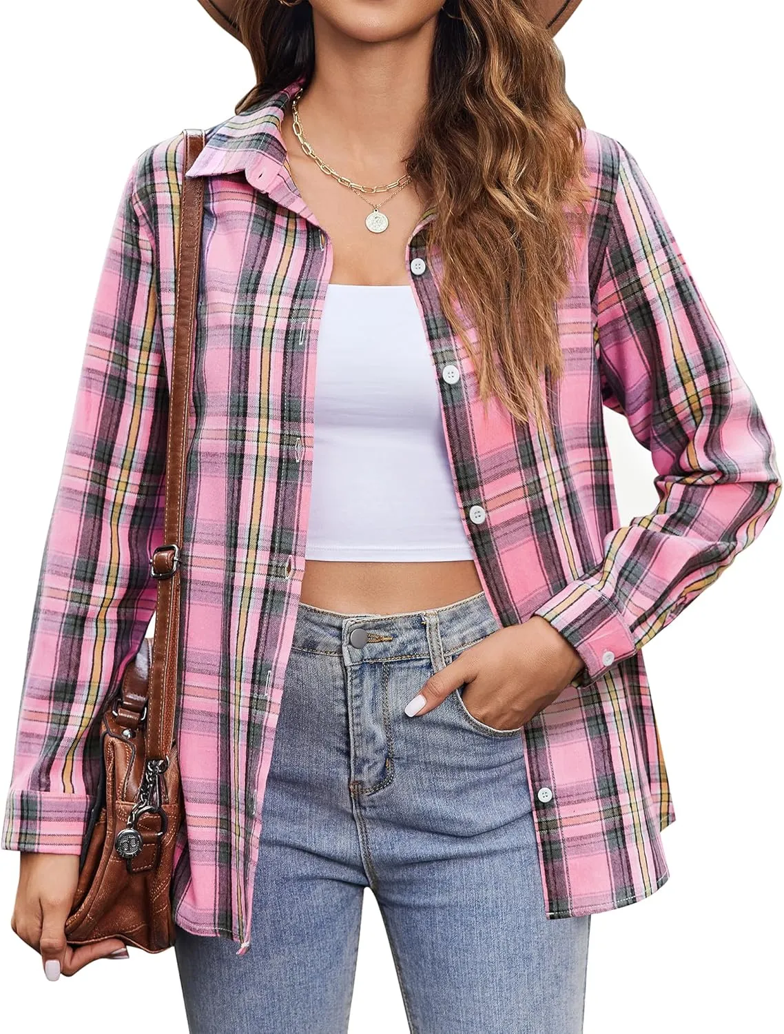 Zeagoo Flannel Shirt Women Button Down Long Sleeve Plaid Shirts Collared 2024 Casual Work Tops S-2Xl