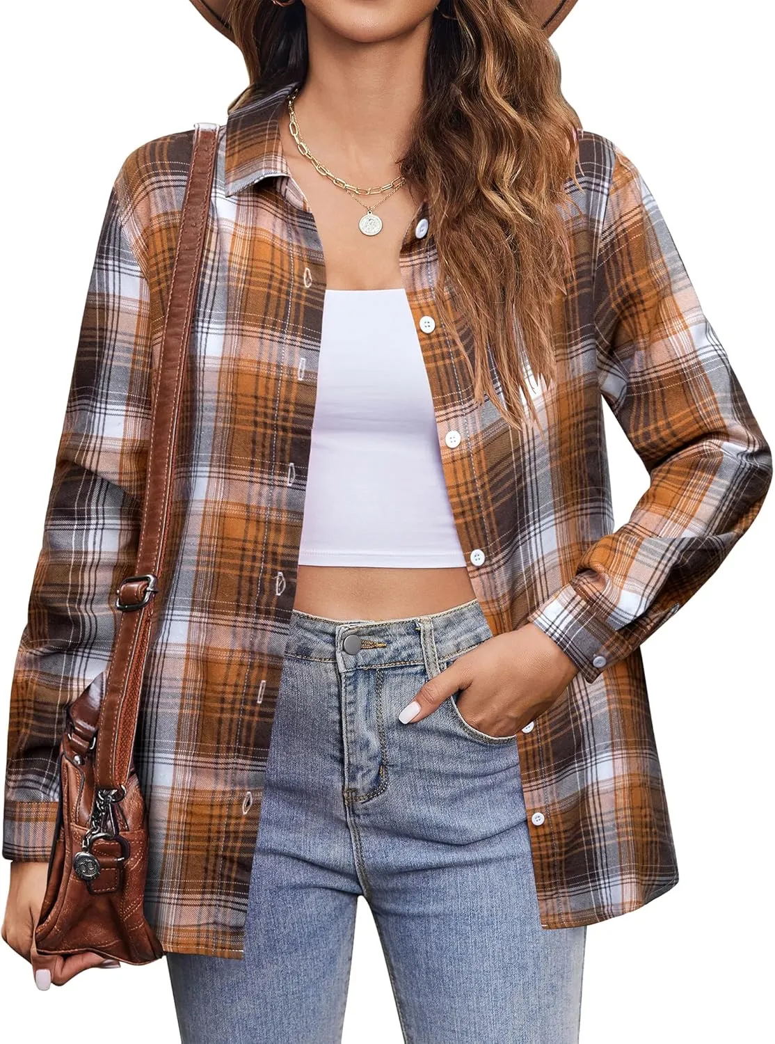 Zeagoo Flannel Shirt Women Button Down Long Sleeve Plaid Shirts Collared 2024 Casual Work Tops S-2Xl